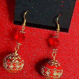 Red Bicone & Red -Gold Boho Earrings